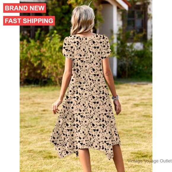 Summer Casual Dress Short Sleeve Loose Flowy Beach Midi Sundress with Pockets - Picture 6 of 7